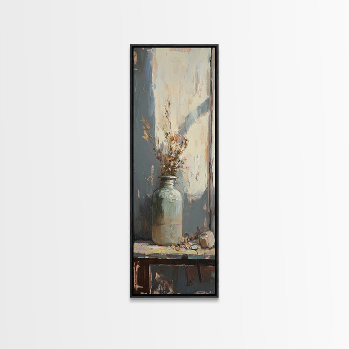 Pale Ceramic Vase With Dried Flowers Canvas Print, Rustic Botanical Wall Art, Neutral Farmhouse Decor, Window Still Life