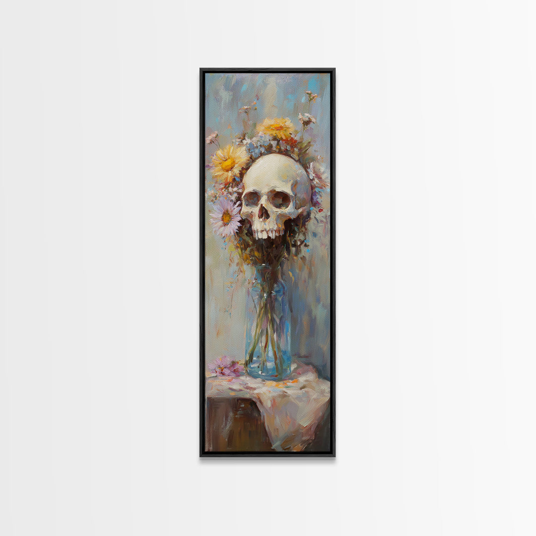 Floral Skull In Glass Vase Wall Art, Gothic Memento Mori Still Life Canvas, Dark Academia Decor, Moody Floral Gift For Her