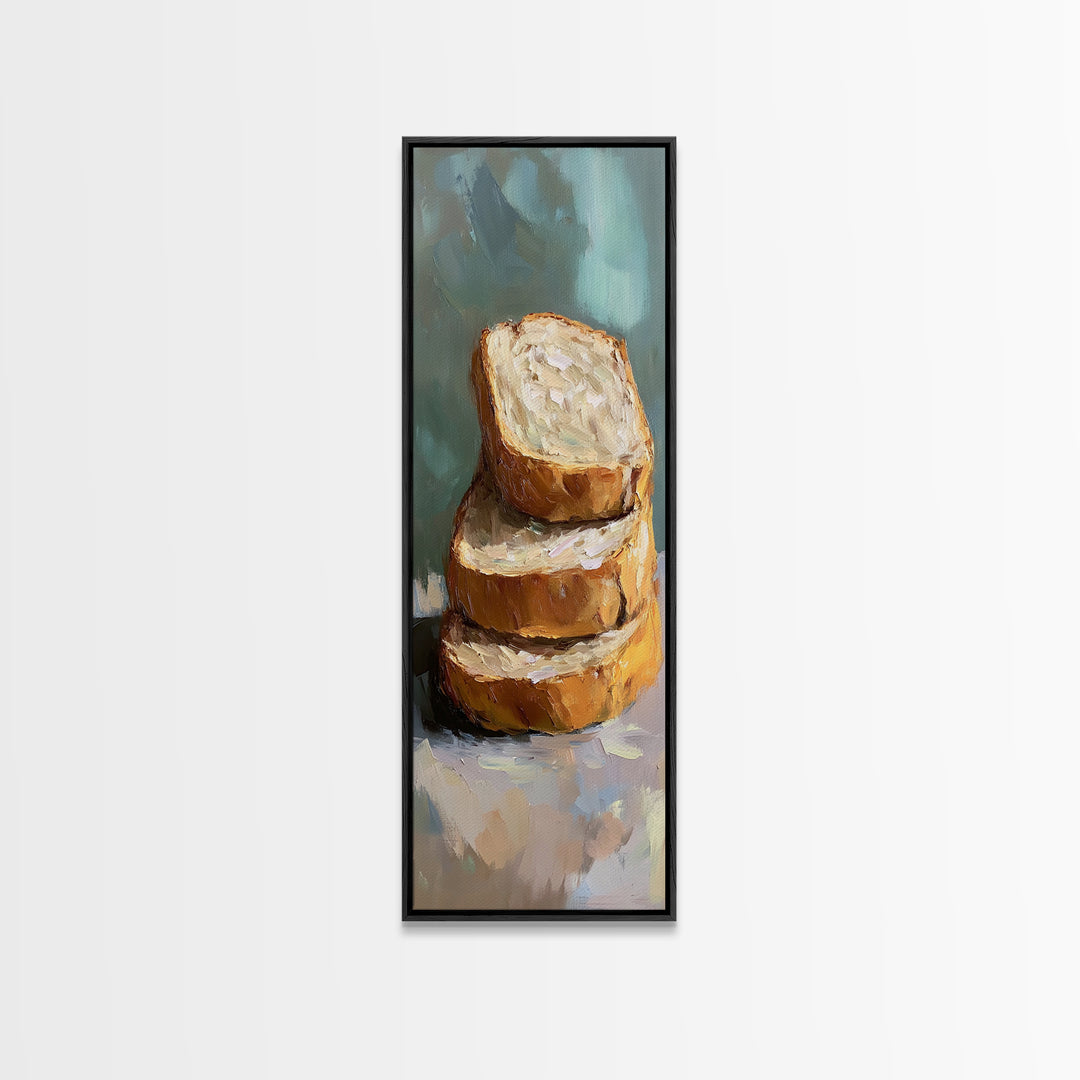 Stacked Crusty Bread Slices Canvas Print, Rustic Kitchen Wall Art, Food Still Life Painting, Bakery Decor Gift For Foodie