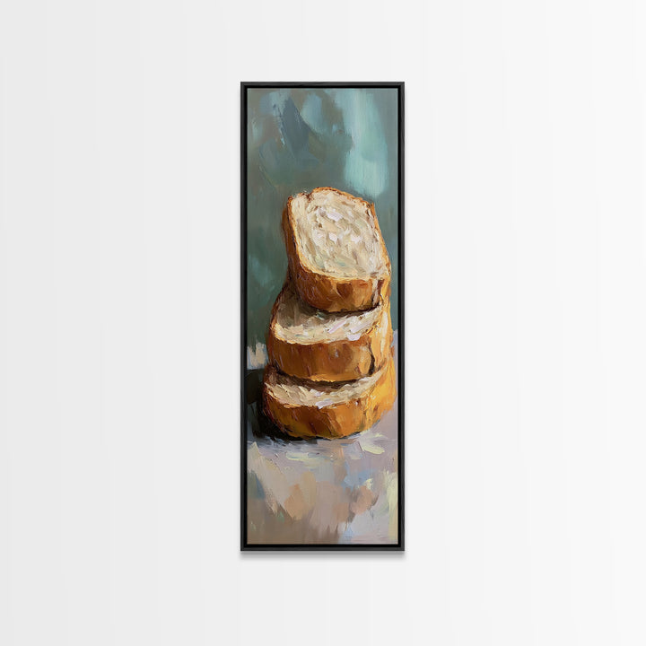 Stacked Crusty Bread Slices Canvas Print, Rustic Kitchen Wall Art, Food Still Life Painting, Bakery Decor Gift For Foodie
