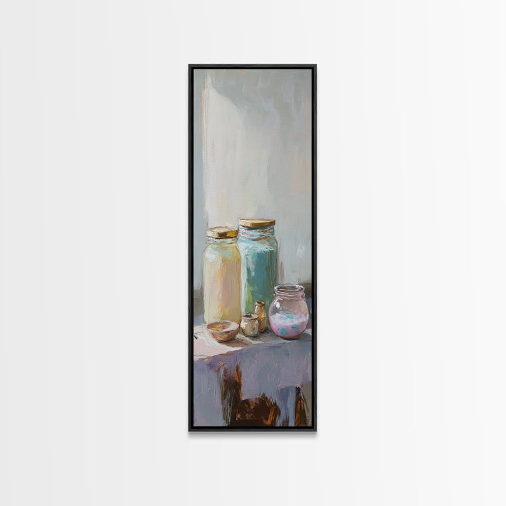 Pastel Glass Jars And Bottles Wall Art, Minimalist Still Life Canvas Print, Soft Kitchen Decor, Modern Home Decor, Housewarming Gift