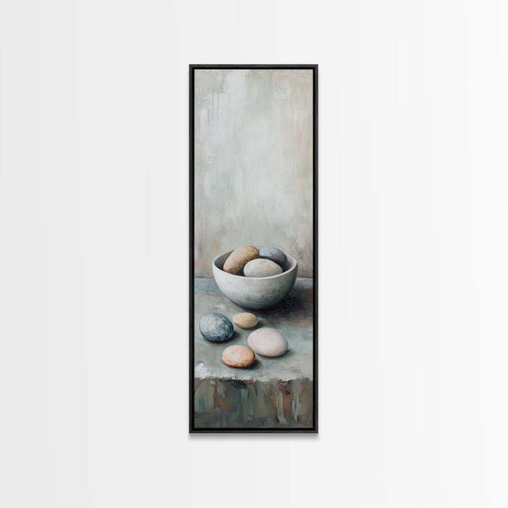 Neutral Bowl Of Smooth Pebbles Wall Art, Minimalist Still Life Canvas, Calming Zen Bathroom Decor, Wabi Sabi Home Decor Gift