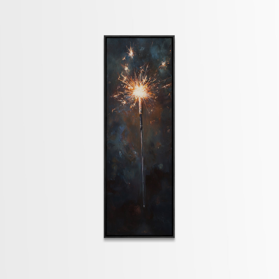 Glowing Sparkler On Dark Night Wall Art, Celebration Canvas Print, Moody Black And Gold Decor, New Year Gift For Party Lovers