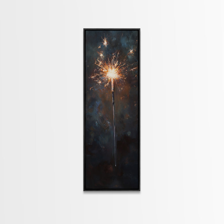 Glowing Sparkler On Dark Night Wall Art, Celebration Canvas Print, Moody Black And Gold Decor, New Year Gift For Party Lovers