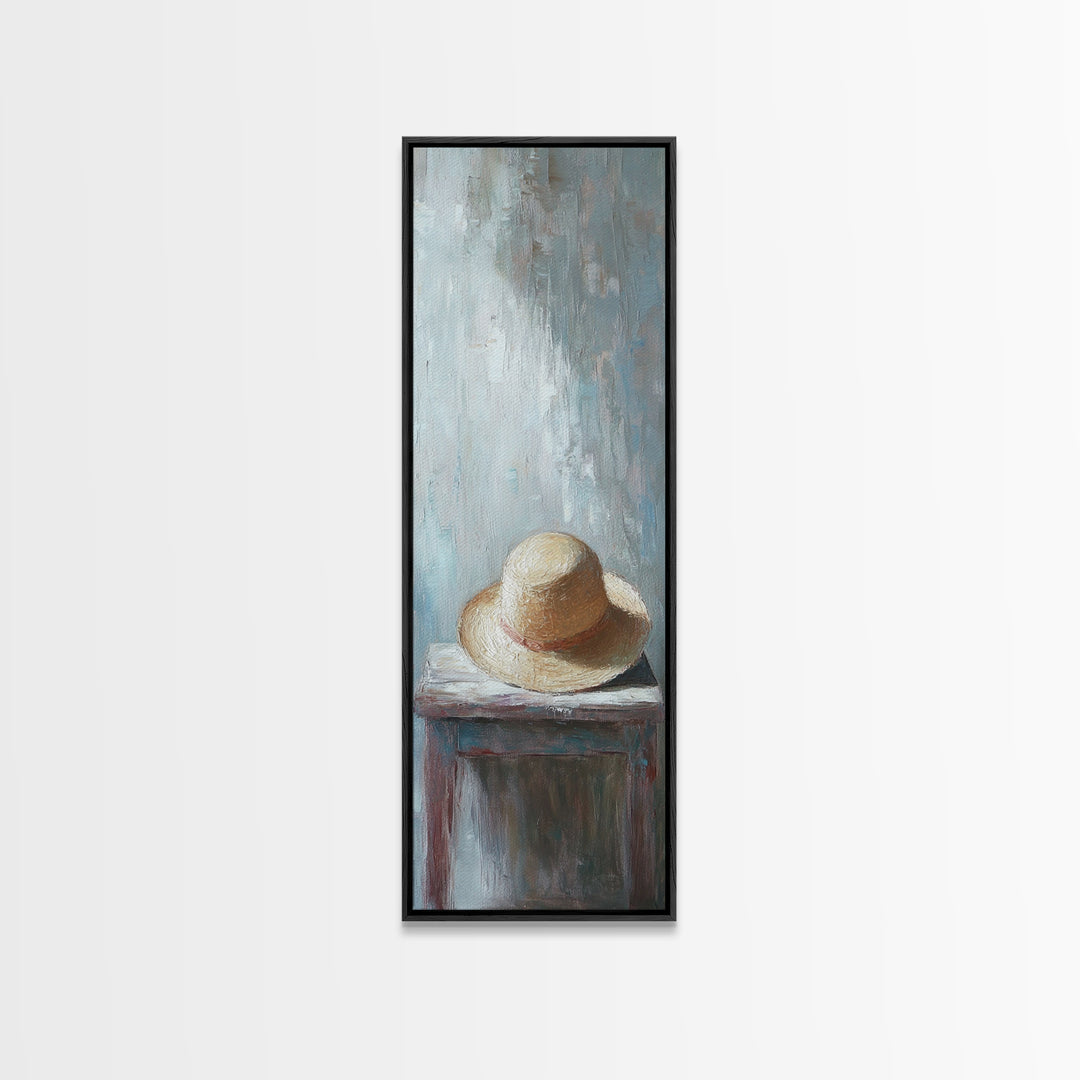 Straw Sun Hat On Weathered Table Canvas Print, Coastal Wall Art, Rustic Bedroom Decor, Neutral Farmhouse Home Decor Gift