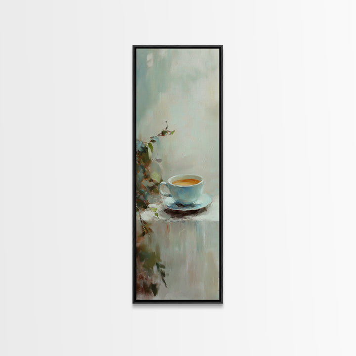 Blue Coffee Cup With Soft Green Foliage Wall Art, Minimalist Kitchen Decor, Cozy Cafe Print, Neutral Home Decor, Gift For Her