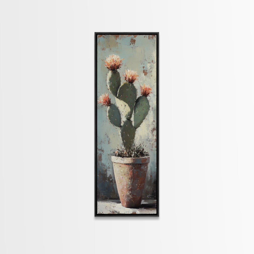 Blooming Prickly Pear Cactus In Clay Pot Wall Art, Southwestern Desert Decor, Botanical Canvas Print, Rustic Home Decor Art