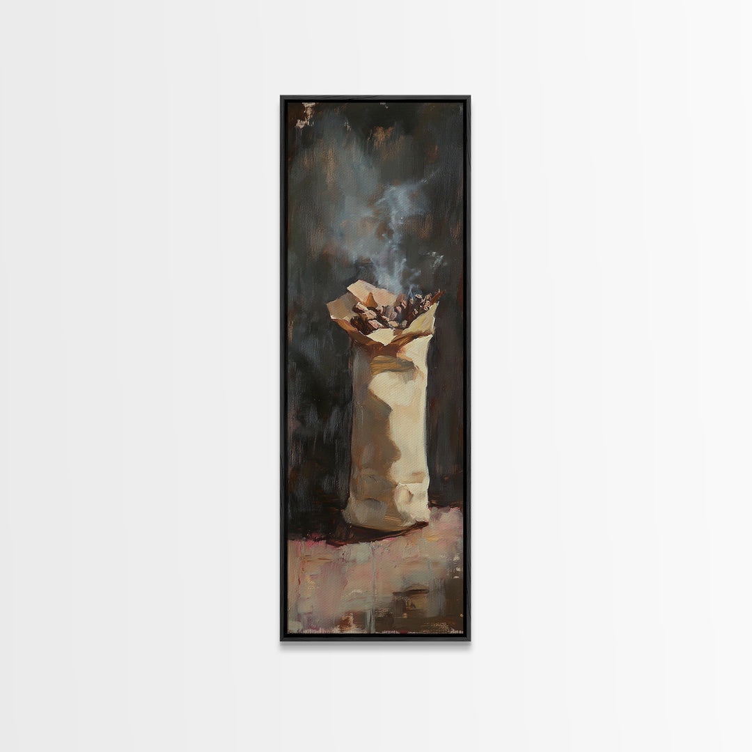 Moody Smoking Paper Bag Still Life Wall Art, Rustic Oil Painting Print, Dark Academia Decor, Unique Kitchen Wall Decor And Home Decor