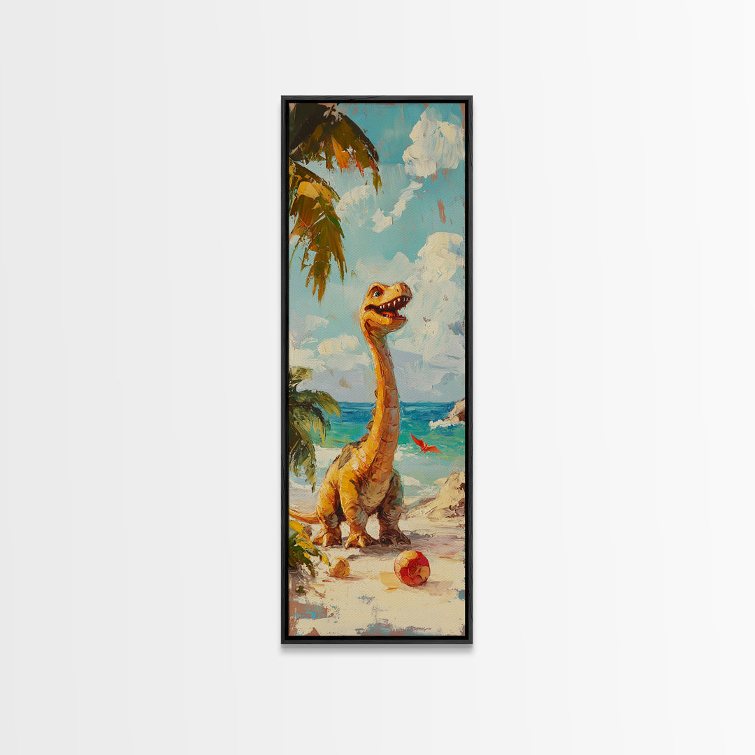 Cheerful Dinosaur On Tropical Beach Canvas Print, Whimsical Nursery Decor, Coastal Kids Room Art, Cute Animal Wall Decor