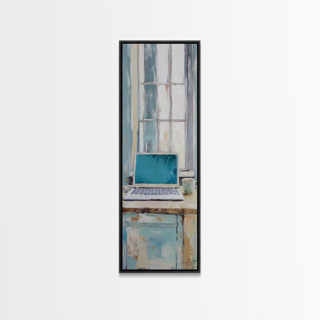 Blue Laptop By Bright Window Wall Art, Home Office Decor, Minimalist Desk Art Print, Modern Work From Home Canvas Art Decor