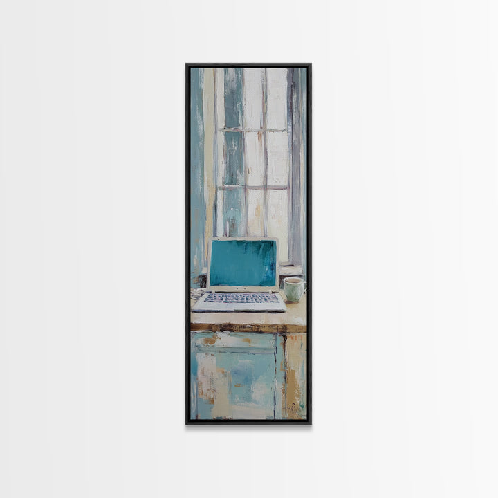 Blue Laptop By Bright Window Wall Art, Home Office Decor, Minimalist Desk Art Print, Modern Work From Home Canvas Art Decor