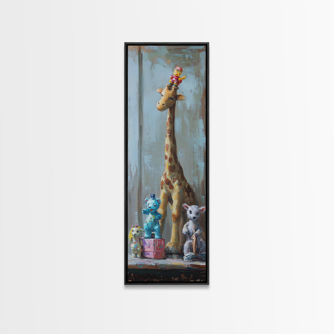 Whimsical Giraffe And Teddy Bear Framed Canvas Print, Nursery Wall Art, Kids Room Decor, Safari Animal Baby Shower Gift Idea