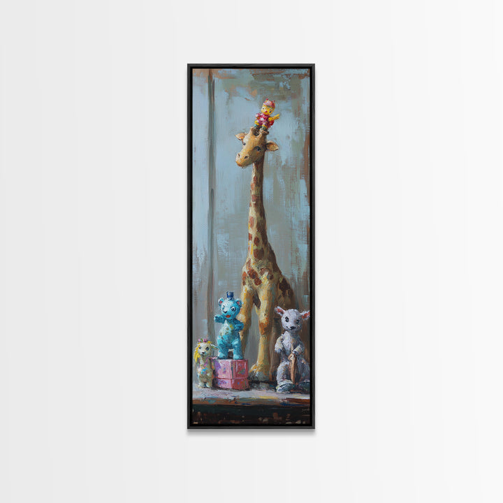 Whimsical Giraffe And Teddy Bear Framed Canvas Print, Nursery Wall Art, Kids Room Decor, Safari Animal Baby Shower Gift Idea