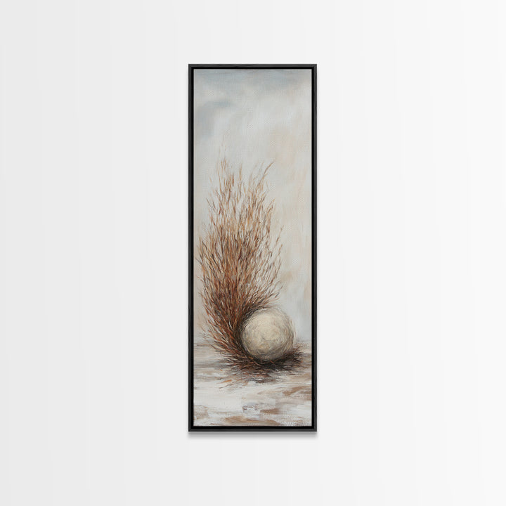 Dried Grass And Stone Sphere Wall Art, Neutral Minimalist Canvas Print, Wabi Sabi Rustic Nature Calming Decor For Living Room