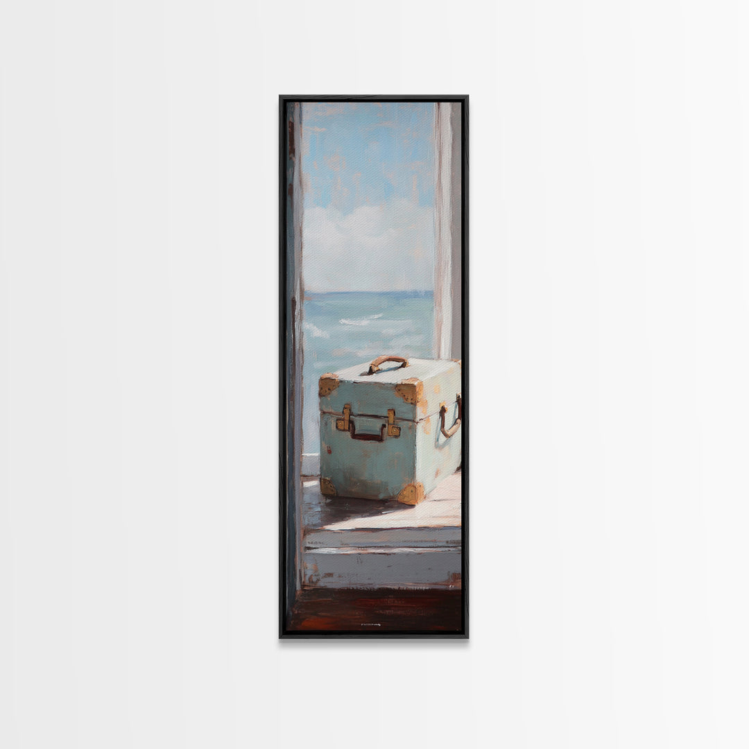 Blue Suitcase Ocean Window Canvas Print, Coastal Wall Art, Beach House Decor, Travel Inspired Living Room Wall Decor Gift