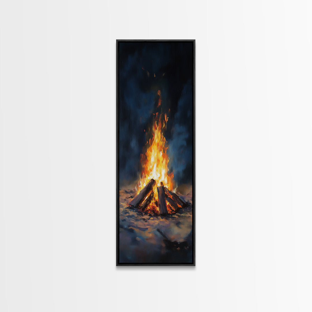 Glowing Campfire Night Landscape Wall Art, Rustic Cabin Decor, Moody Nature Art Print, Cozy Winter Living Room Decor Gift