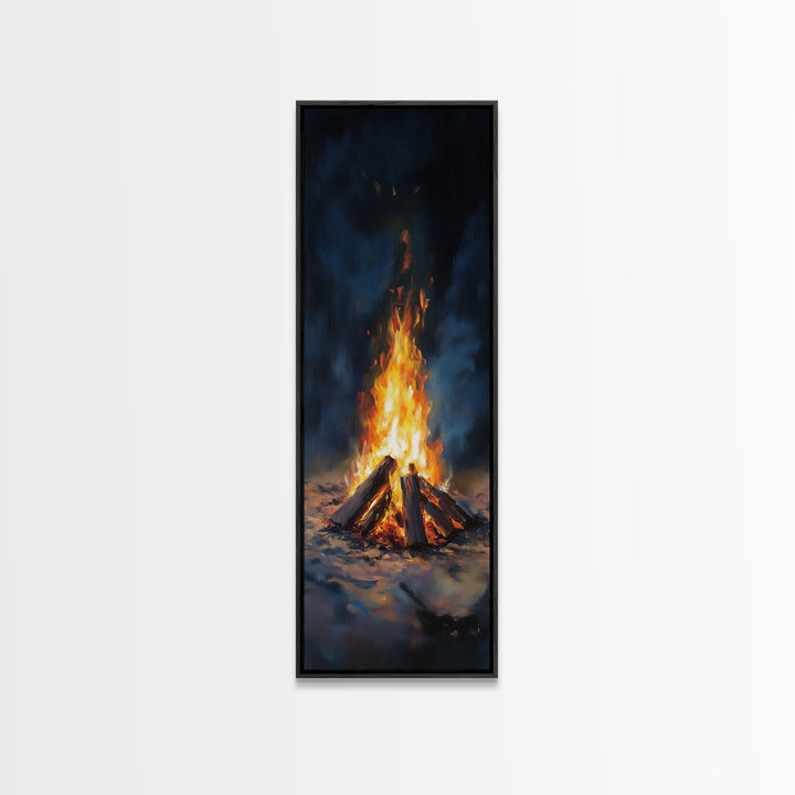 Glowing Campfire Night Landscape Wall Art, Rustic Cabin Decor, Moody Nature Art Print, Cozy Winter Living Room Decor Gift