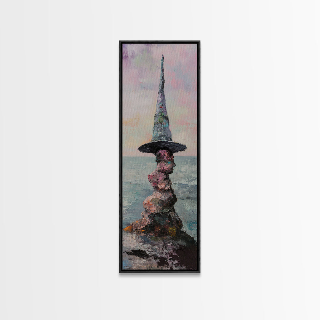Whimsical Wizard Hat Rock Tower Wall Art, Fantasy Seascape, Surreal Art Print, Magical Coastal Decor, Unique Gift, Living Room Decor