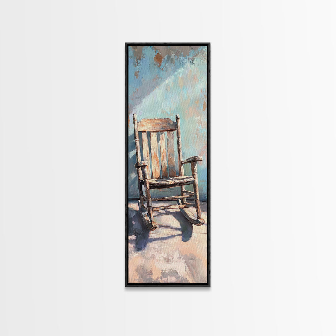 Sunlit Wooden Rocking Chair Wall Art, Rustic Farmhouse Decor, Country Home Decor, Neutral Canvas Print, Cozy Living Room Art