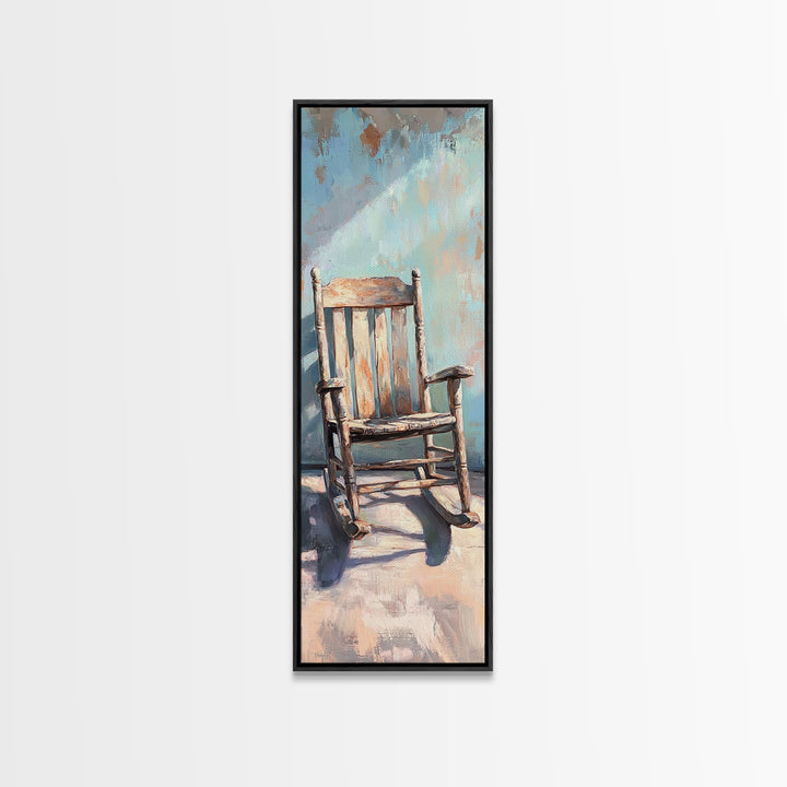 Sunlit Wooden Rocking Chair Wall Art, Rustic Farmhouse Decor, Country Home Decor, Neutral Canvas Print, Cozy Living Room Art
