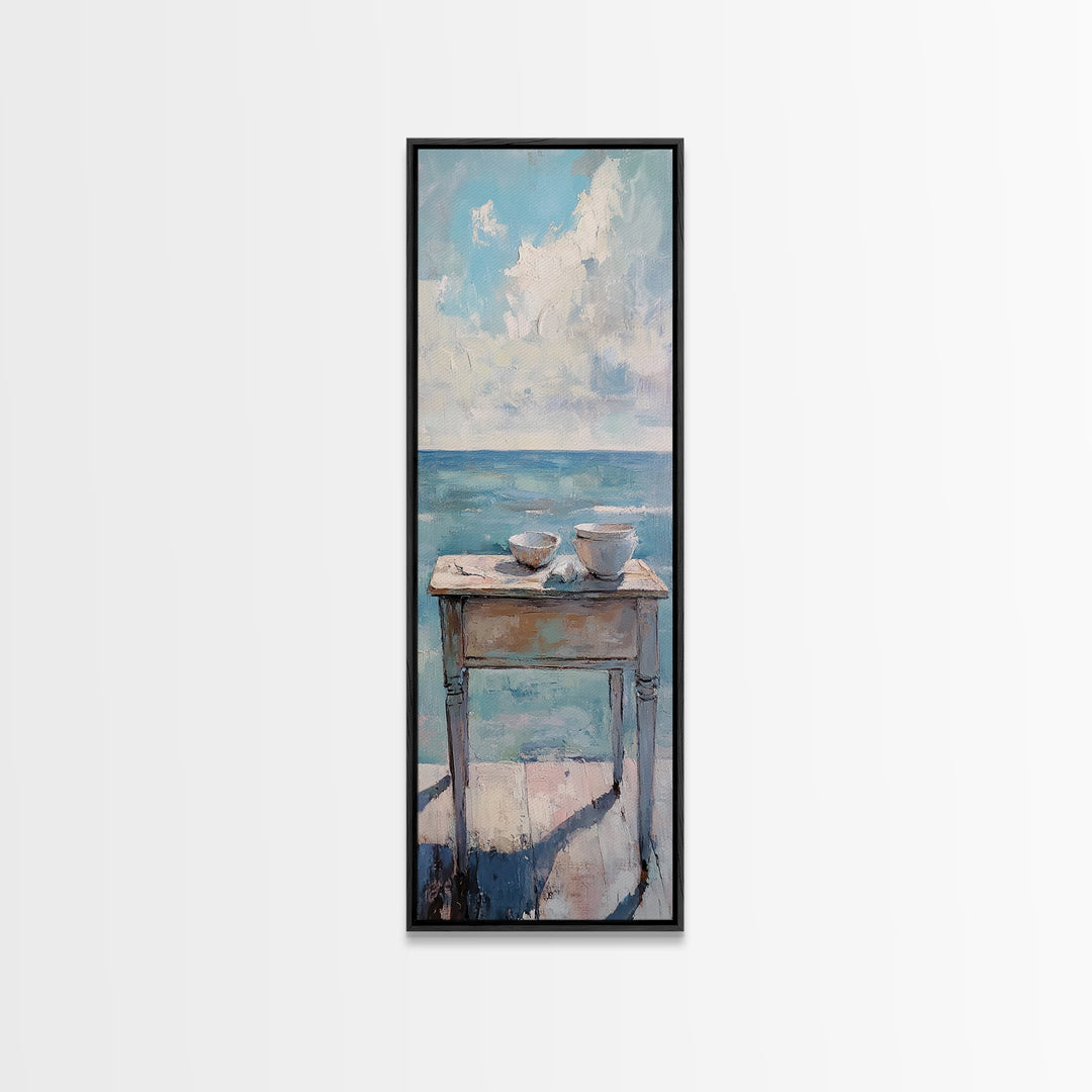 Two Teacups By The Sea Coastal Still Life Wall Art, Ocean Canvas Wall Decor, Beach House Living Room Decor, Neutral Seascape Kitchen Print