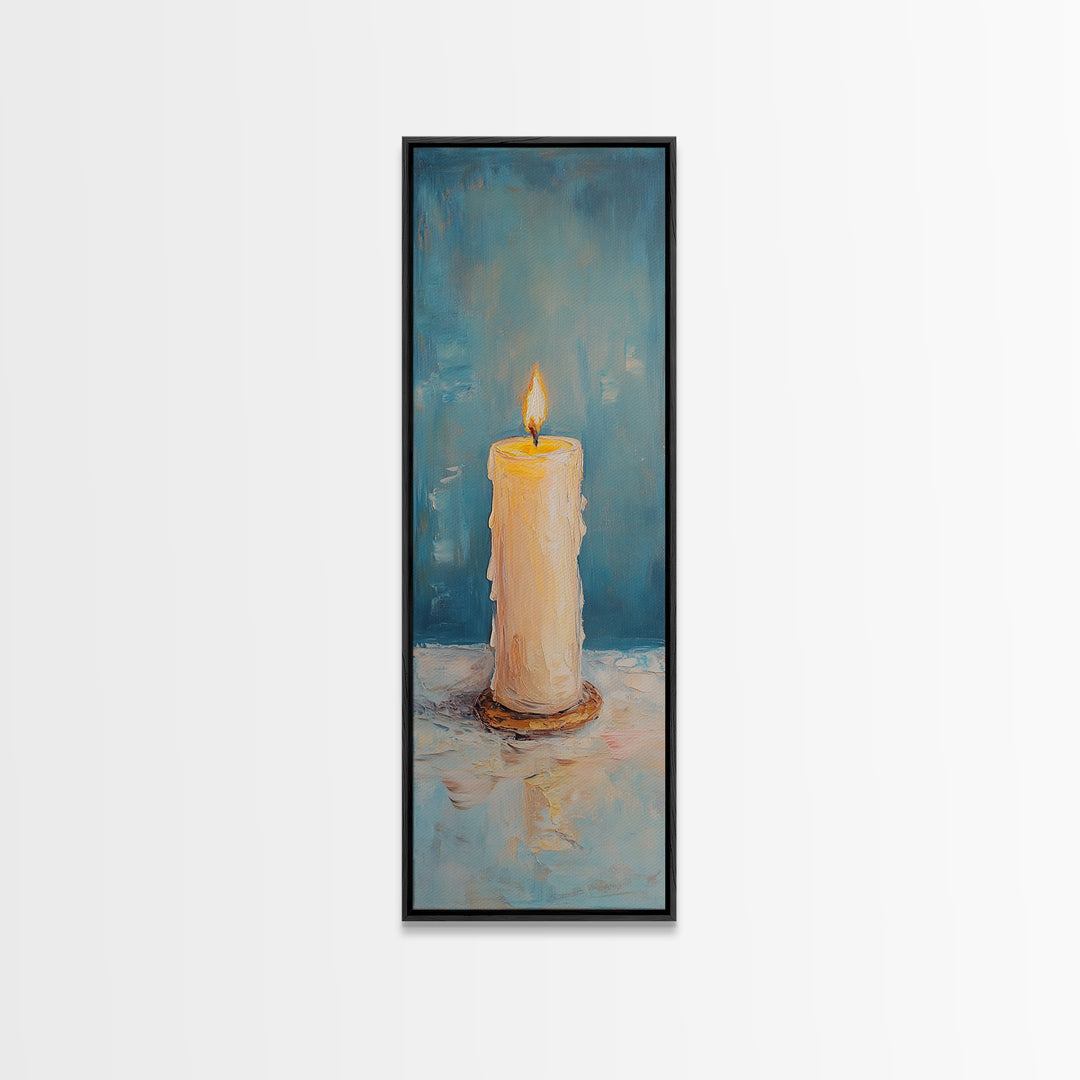 Glowing Pillar Candle Still Life Framed Canvas Print, Moody Wall Art, Meditation Room Decor, Spa Bathroom Art, Cozy Home Decor