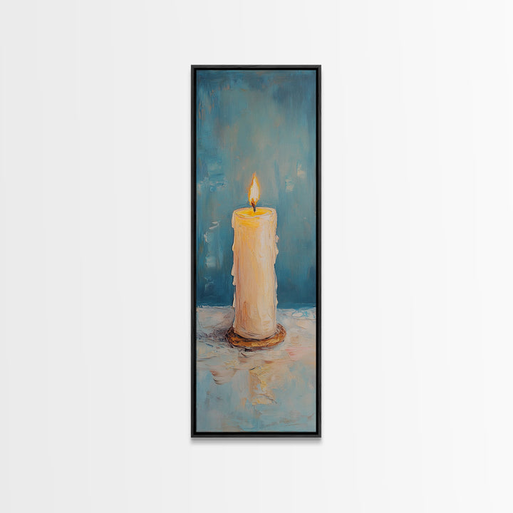 Glowing Pillar Candle Still Life Framed Canvas Print, Moody Wall Art, Meditation Room Decor, Spa Bathroom Art, Cozy Home Decor
