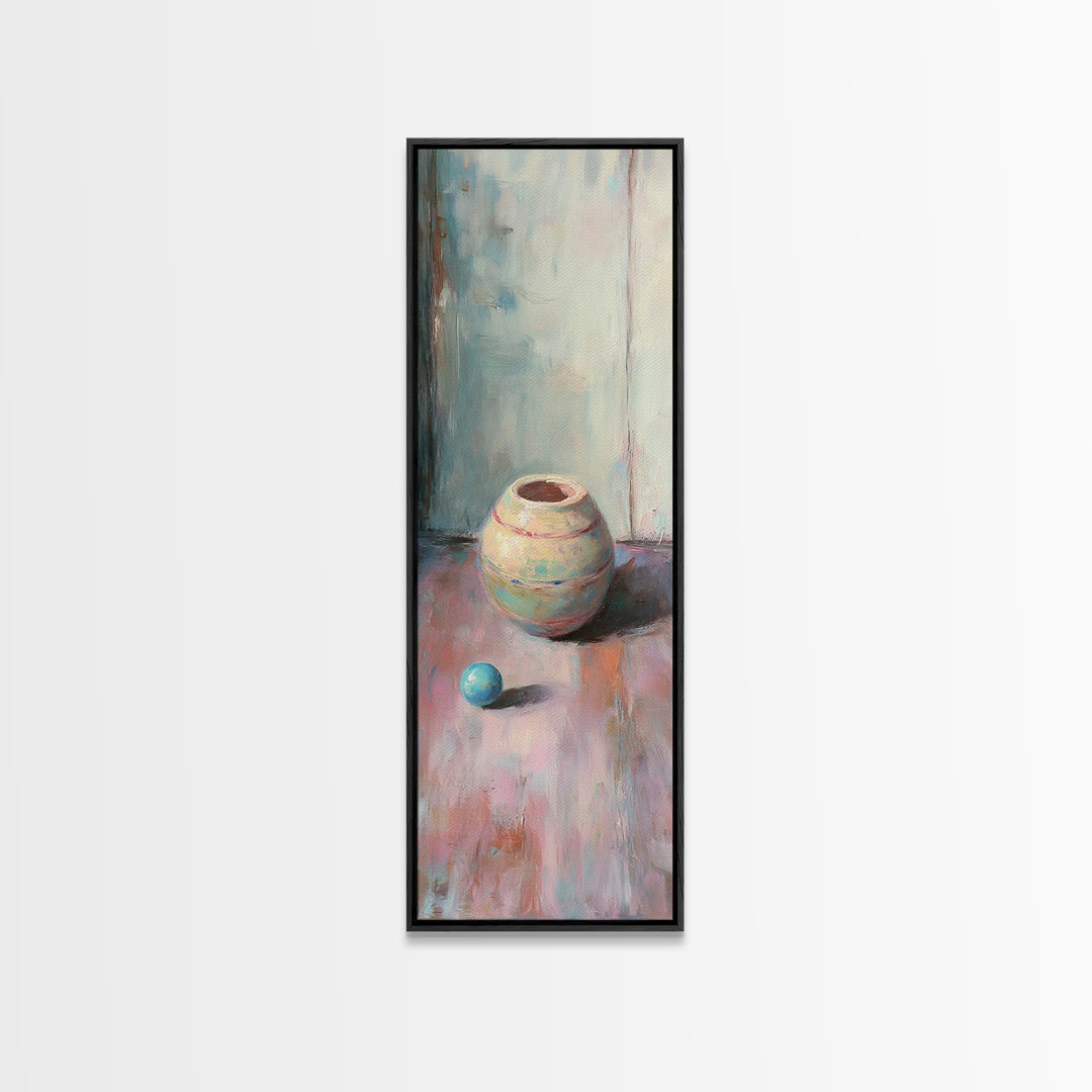 Small Ceramic Pot And Blue Ball Still Life Wall Art, Pastel Minimalist Canvas Print, Wabi Sabi Decor, Soft Abstract Art Print