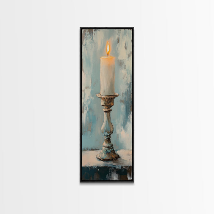 Lit Candle On Antique Holder Framed Canvas Print, Moody Still Life Wall Art For Rustic Home Decor, Spiritual Gift, Housewarming Gift