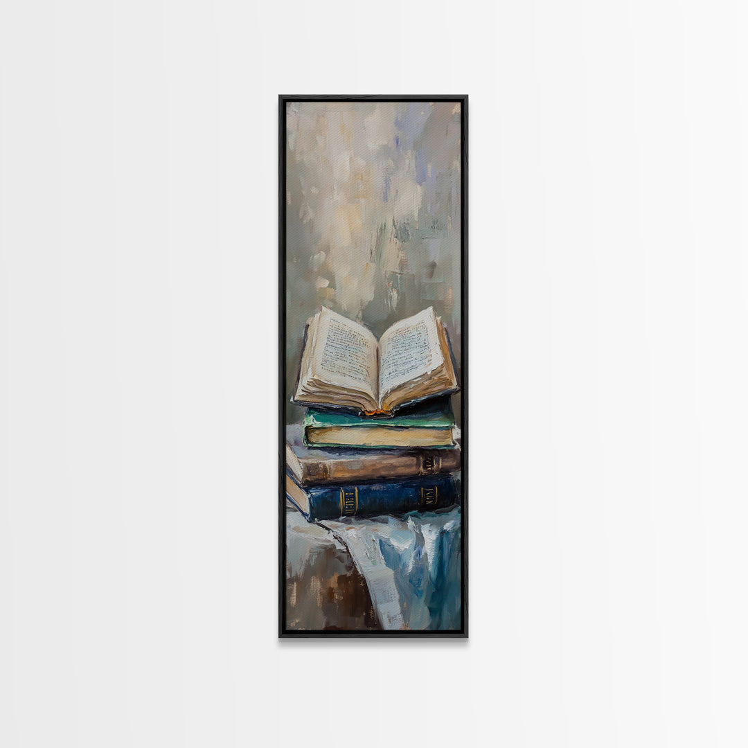 Open Book Stack Library Wall Art, Cozy Dark Academia Canvas Print For Reading Nook Decor, Book Lover Gift, Office Decor, Home Decor