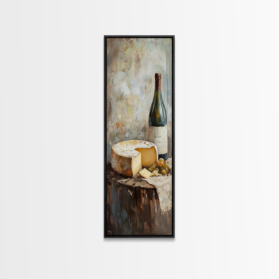 Cheese Wheel Wine Bottle And Grapes Wall Art, Rustic Kitchen Decor, Foodie Gift, French Farmhouse Canvas Print For Dining Room
