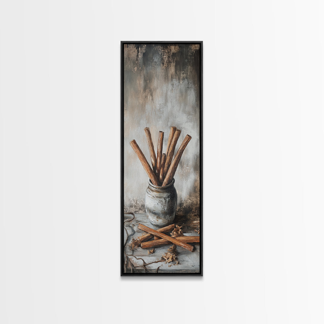 Cinnamon Sticks In Rustic Jar Wall Art, Farmhouse Kitchen Decor, Spice Still Life Canvas Print, Cozy Cafe Art Gift, Home Decor