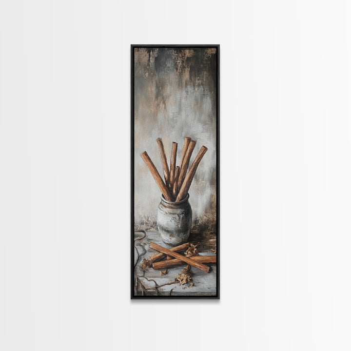 Cinnamon Sticks In Rustic Jar Wall Art, Farmhouse Kitchen Decor, Spice Still Life Canvas Print, Cozy Cafe Art Gift, Home Decor
