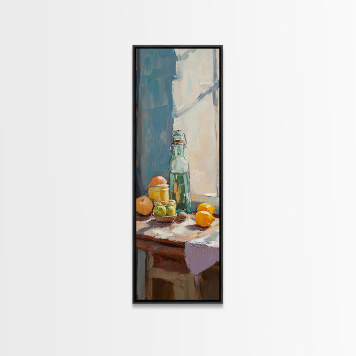 Sunlit Lemons And Glass Bottle Wall Art, Mediterranean Kitchen Decor, Citrus Still Life Canvas Print, Dining Room Art Print