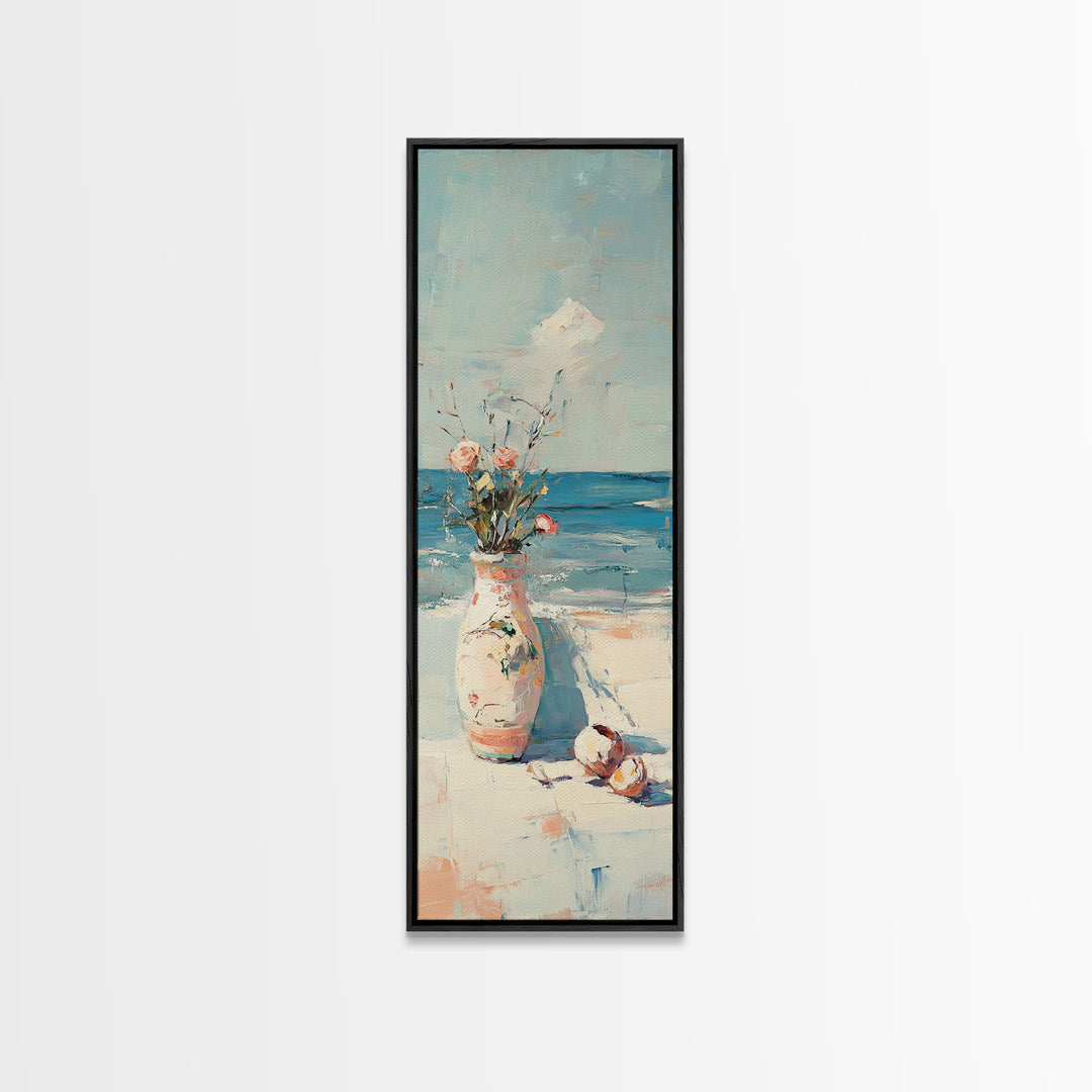 Seaside Flower Vase With Shells Canvas Print, Coastal Wall Art, Beach House Decor, Ocean Wall Decor, Summer Home Decor, Gift For Her