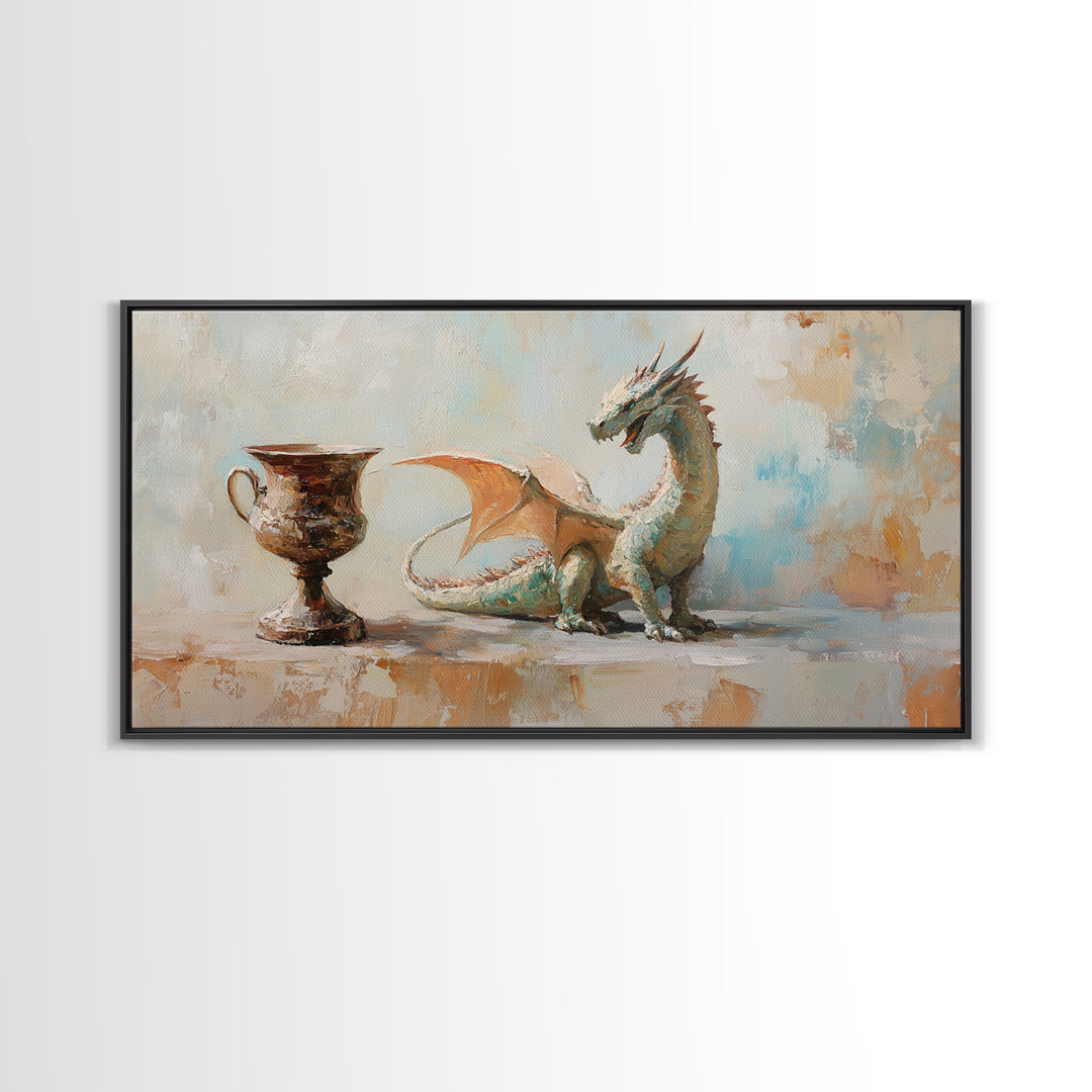 Small Dragon And Goblet Wall Art, Fantasy Canvas Print, Mythical Creature Decor, Kids Room Art, Unique Gift For Him, Nursery Wall Art