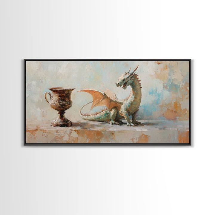 Small Dragon And Goblet Wall Art, Fantasy Canvas Print, Mythical Creature Decor, Kids Room Art, Unique Gift For Him, Nursery Wall Art