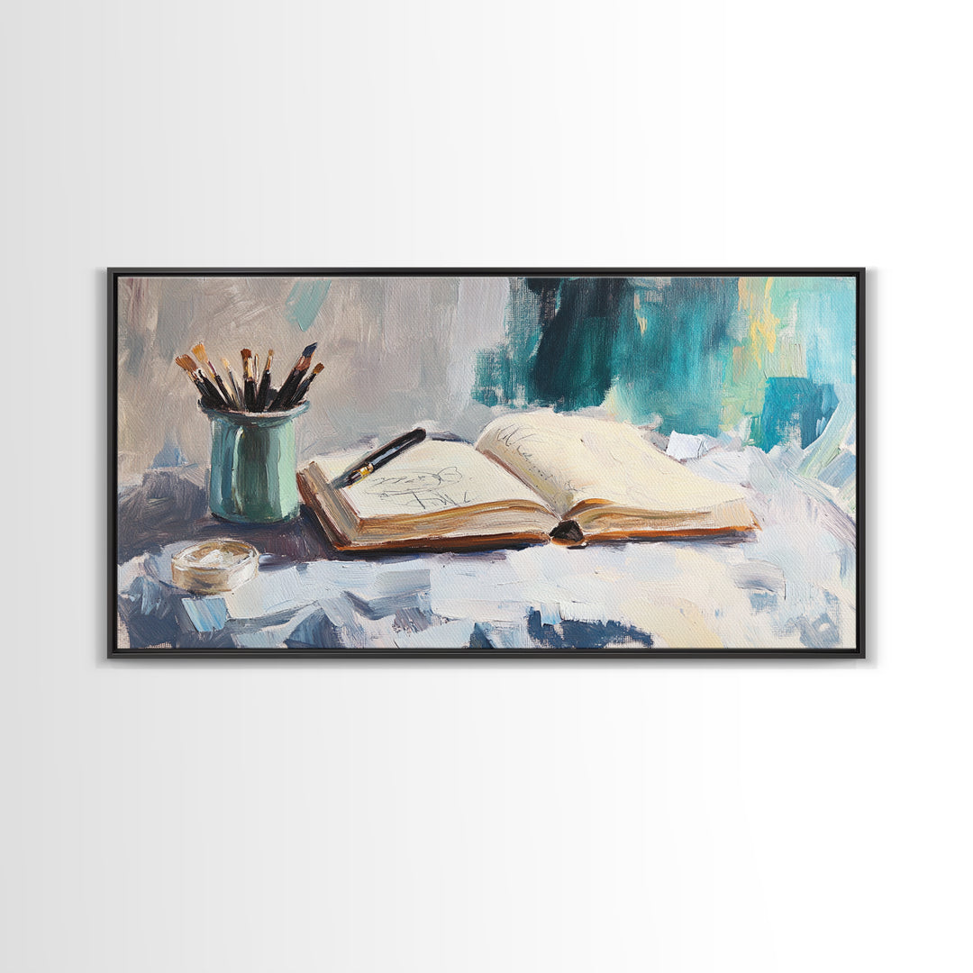 Open Sketchbook With Brushes Wall Art, Creative Studio Canvas Print, Gift For Artist, Office Decor, Modern Home Decor, Living Room Decor