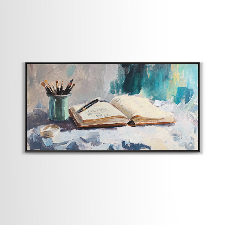 Open Sketchbook With Brushes Wall Art, Creative Studio Canvas Print, Gift For Artist, Office Decor, Modern Home Decor, Living Room Decor