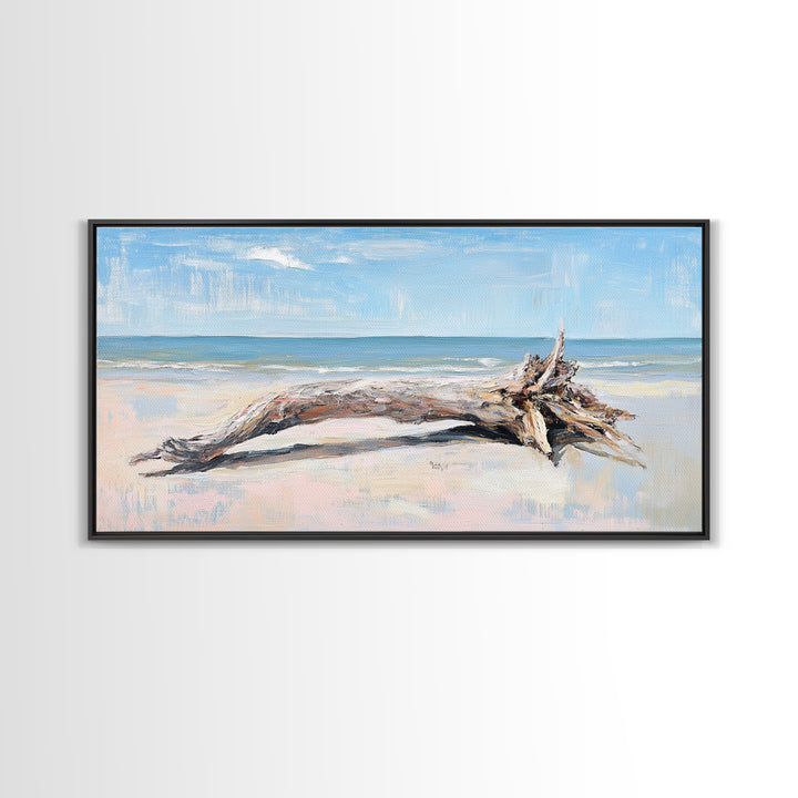 Weathered Driftwood On Beach Wall Art, Coastal Canvas Print, Ocean Landscape Art, Beach House Decor, Seaside Wall Decor Print