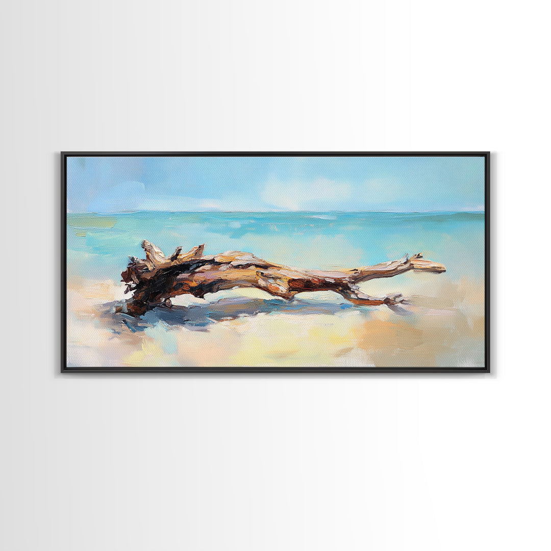 Sunlit Driftwood On Turquoise Shore Wall Art, Coastal Canvas Print, Beach House Decor, Ocean Art, Nautical Home Decor, Living Room Decor