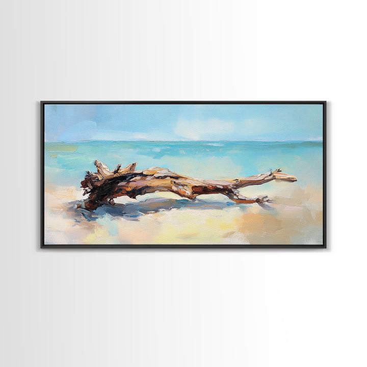 Sunlit Driftwood On Turquoise Shore Wall Art, Coastal Canvas Print, Beach House Decor, Ocean Art, Nautical Home Decor, Living Room Decor