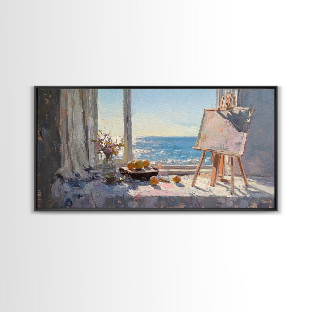 Sunlit Ocean View Art Studio Wall Art, Coastal Canvas Print, Easel And Lemons Still Life, Creative Office Decor, Beach House Decor