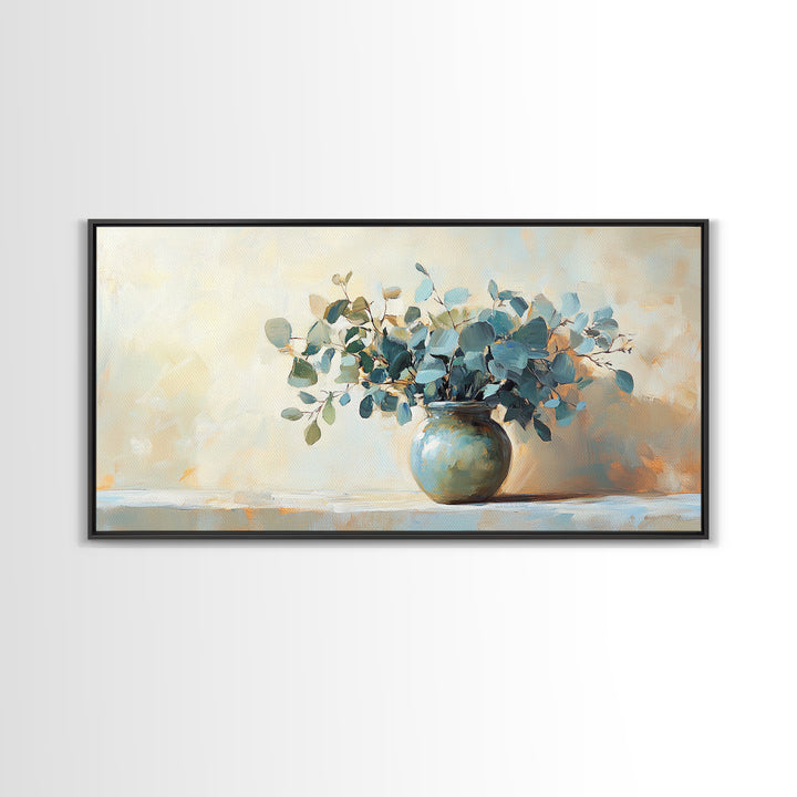 Blue Eucalyptus Vase Still Life Wall Art, Botanical Canvas Wall Decor, Neutral Living Room Decor, Rustic Farmhouse Art Print