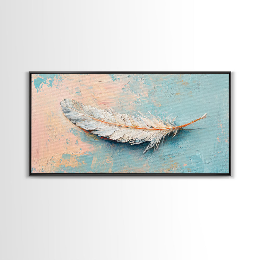 White Feather On Soft Blue Peach Texture Framed Canvas Print, Coastal Wall Art, Neutral Home Decor, Boho Bedroom Decor, Gift For Her