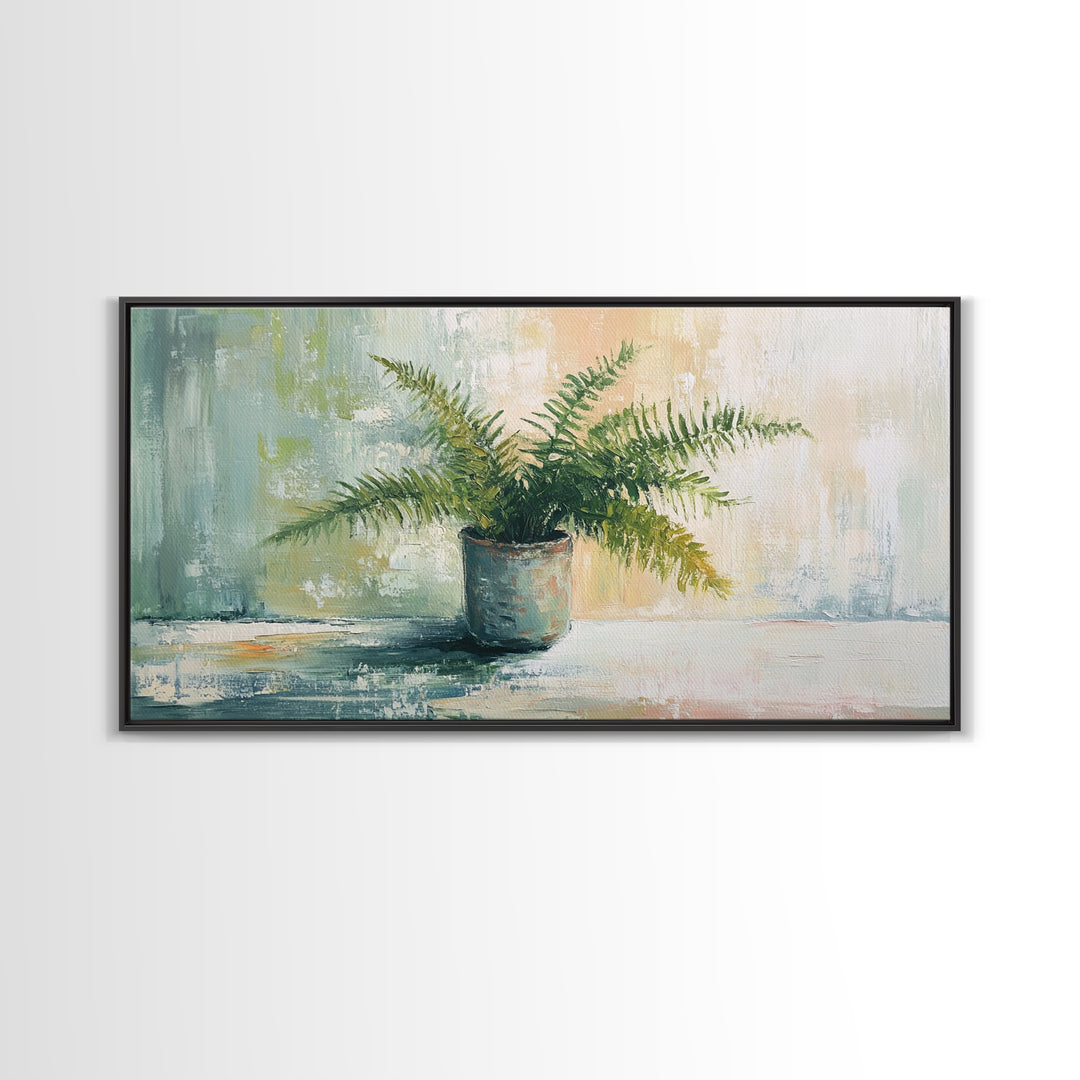 Potted Fern Plant In Textured Green Light Canvas Print, Botanical Wall Art, Nature Wall Decor, Japandi Home Decor, Office Decor