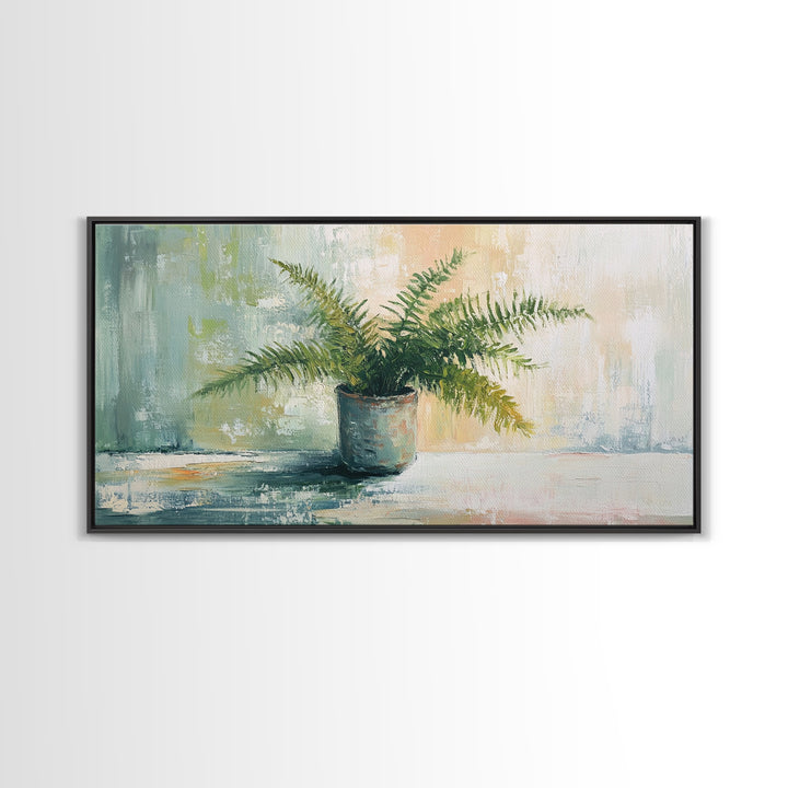 Potted Fern Plant In Textured Green Light Canvas Print, Botanical Wall Art, Nature Wall Decor, Japandi Home Decor, Office Decor