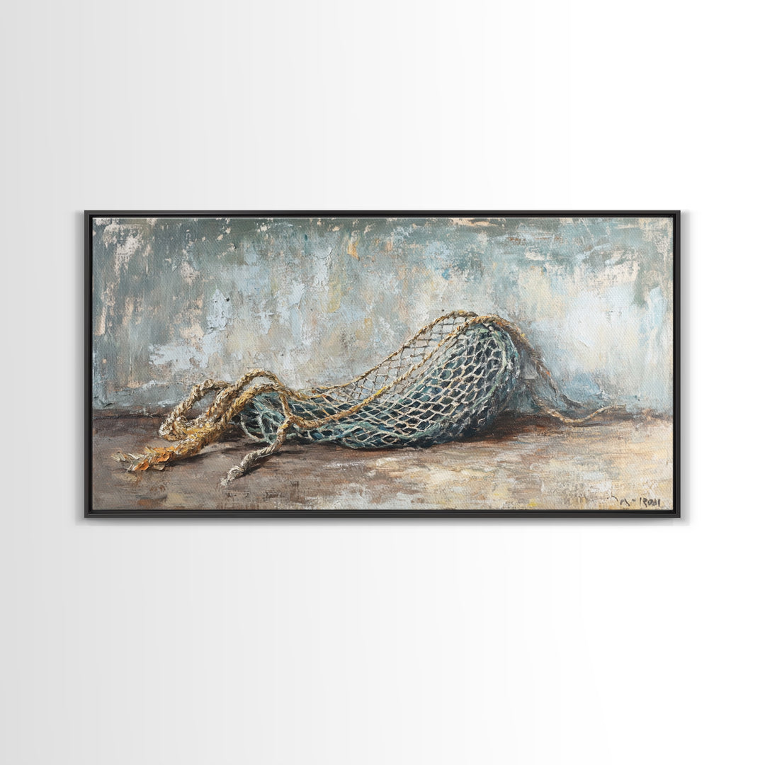Weathered Fishing Net Framed Canvas Print, Nautical Wall Art, Coastal Home Decor, Rustic Seascape, Beach House Gift For Him
