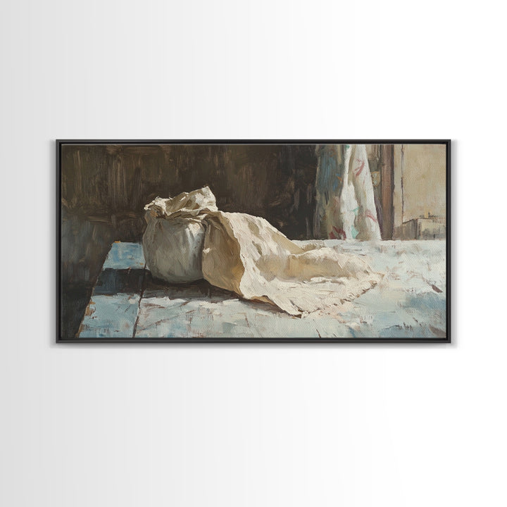 Rustic Flour Sack Still Life Wall Art, French Bakery Canvas Print, Country Kitchen Decor, Farmhouse Wall Decor Gift Idea