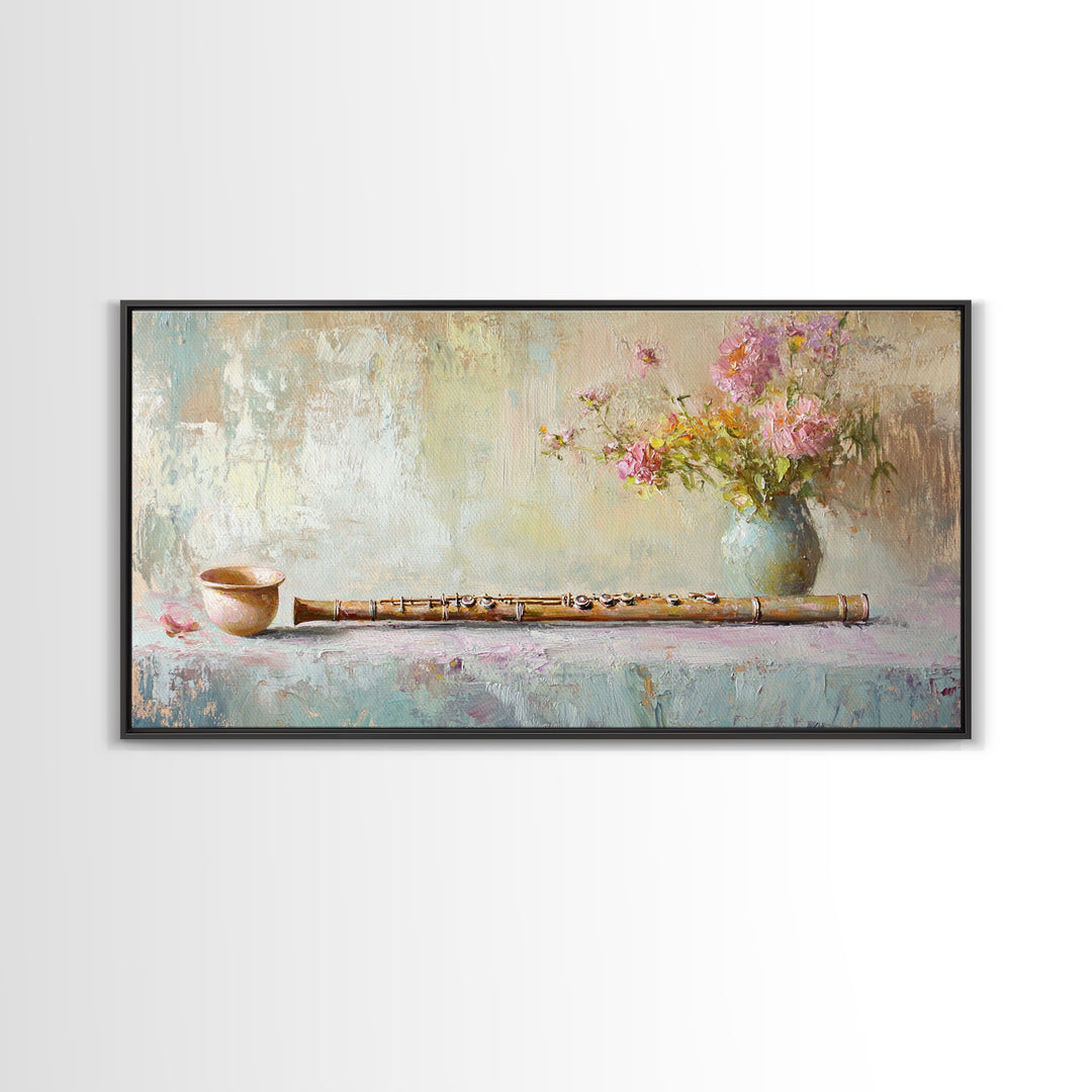 Rustic Flute Still Life With Pink Flowers, Framed Canvas Print, Music Room Wall Art, Farmhouse Decor, Gift For Music Lover